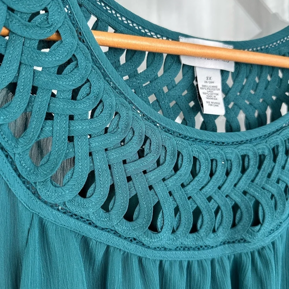 Catherines Blouse Top 3X Forest Green Chiffon Tunic Elbow Sleeve Cutout Detail - Picture 2 of 7